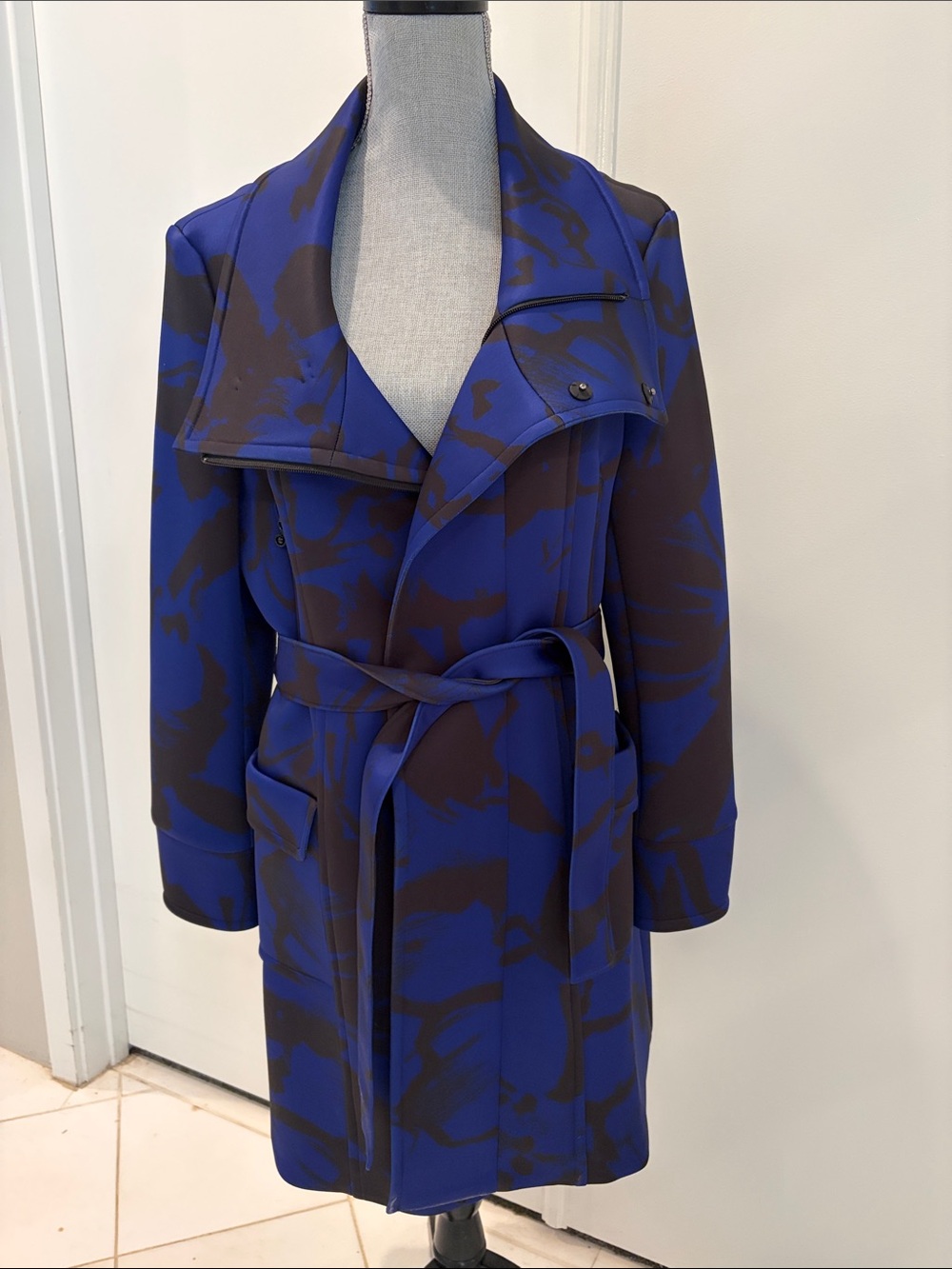 Samuel Dong Blue and Deep Green/Brown Patterned Belted Trench Coat
